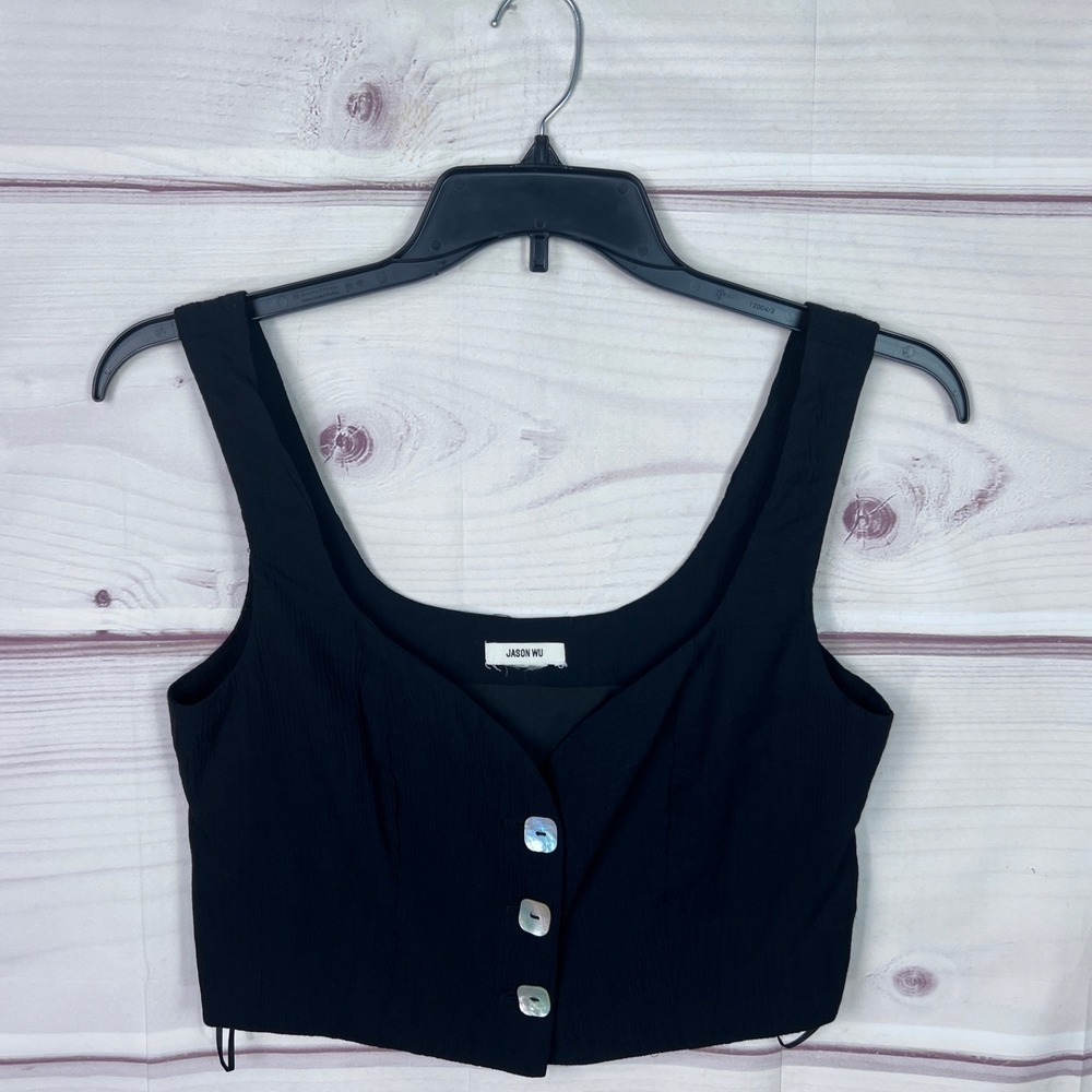 Jason Wu Top Womens M Black Button Front Crop Blouse Tank Sleeveless Scoop Neck